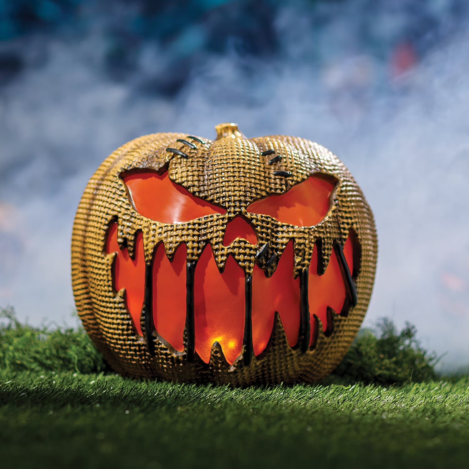 14" Animated Flaming Burlap Pumpkin Halloween Decoration