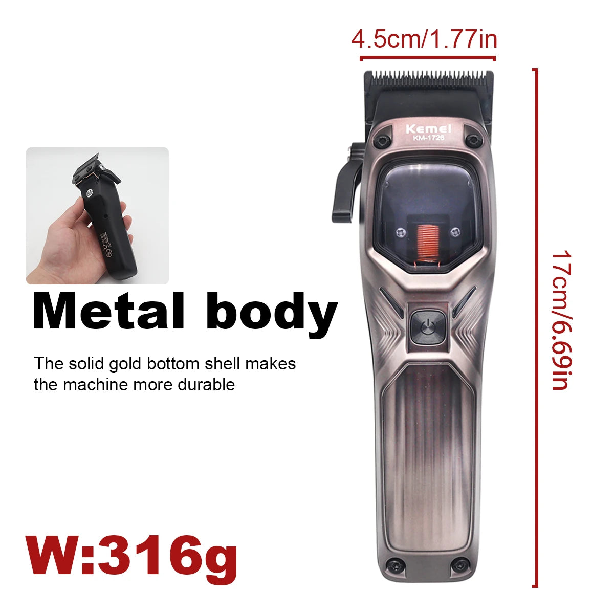 KEMEI 1726 Professional Hair Clipper with DLC Blade 12W 10000RPM Magnetic Vector Motor Hair Cutting Machine for Men Barber
