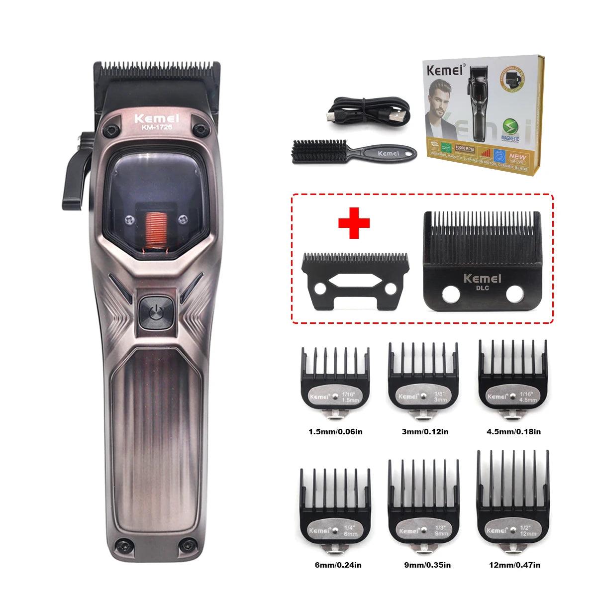 KEMEI 1726 Professional Hair Clipper with DLC Blade 12W 10000RPM Magnetic Vector Motor Hair Cutting Machine for Men Barber