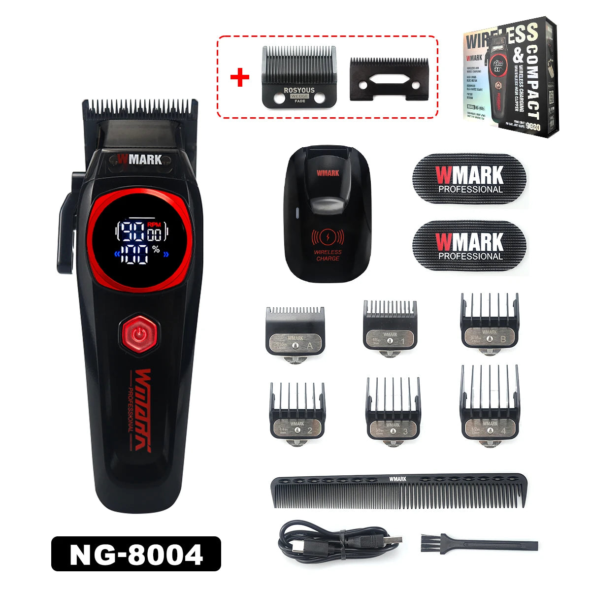 WMARK NG-8004 Men's Hair Clipper DLC Blade 9000RPM Brushless Motor Wireless Base Charger Professional Hair Cutting Machine