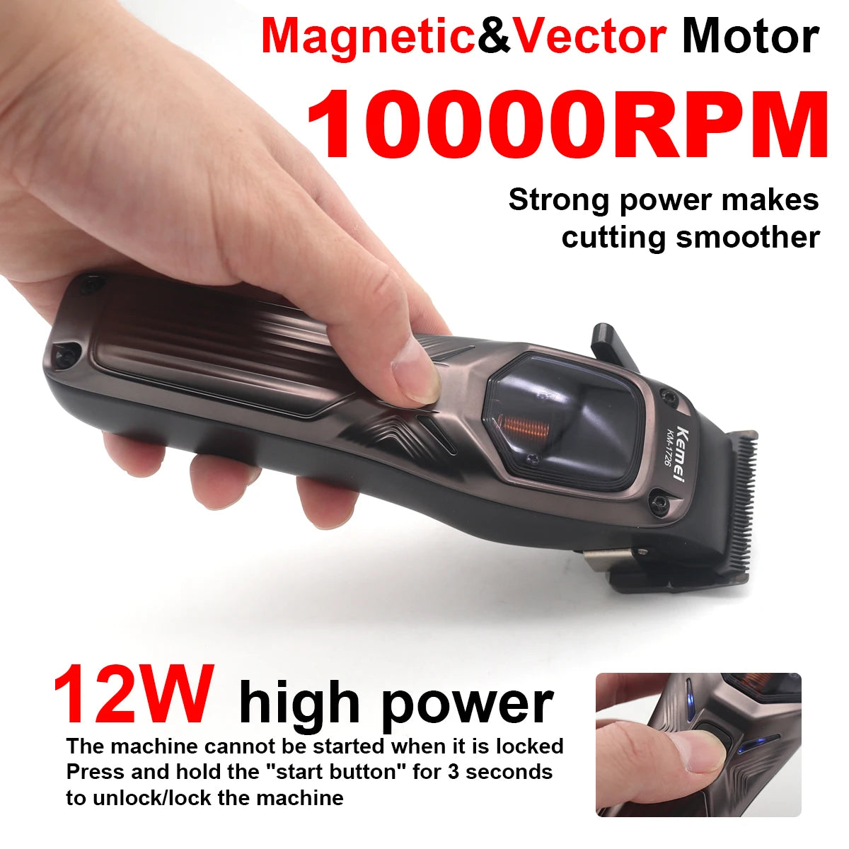 KEMEI 1726 Professional Hair Clipper with DLC Blade 12W 10000RPM Magnetic Vector Motor Hair Cutting Machine for Men Barber