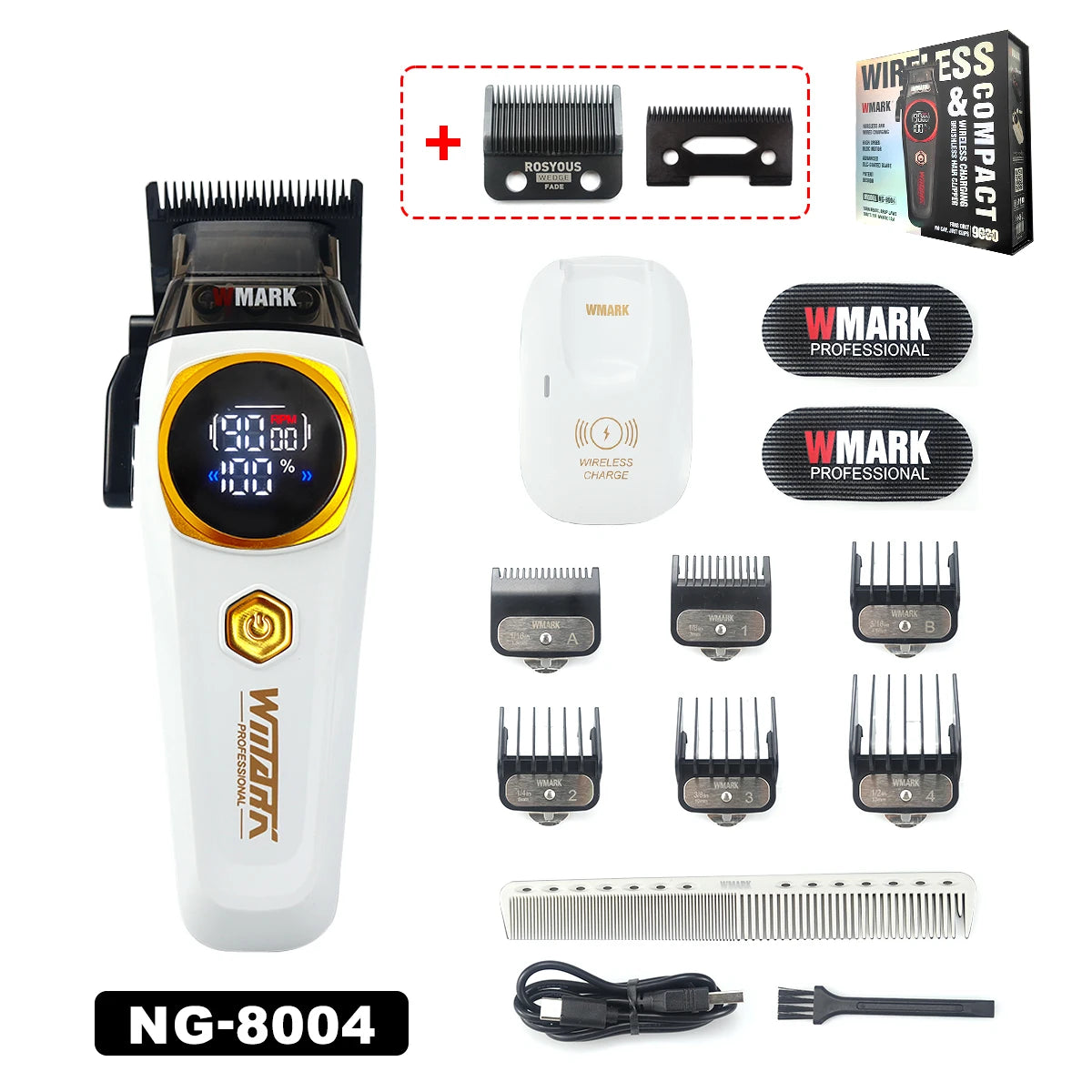 WMARK NG-8004 Men's Hair Clipper DLC Blade 9000RPM Brushless Motor Wireless Base Charger Professional Hair Cutting Machine