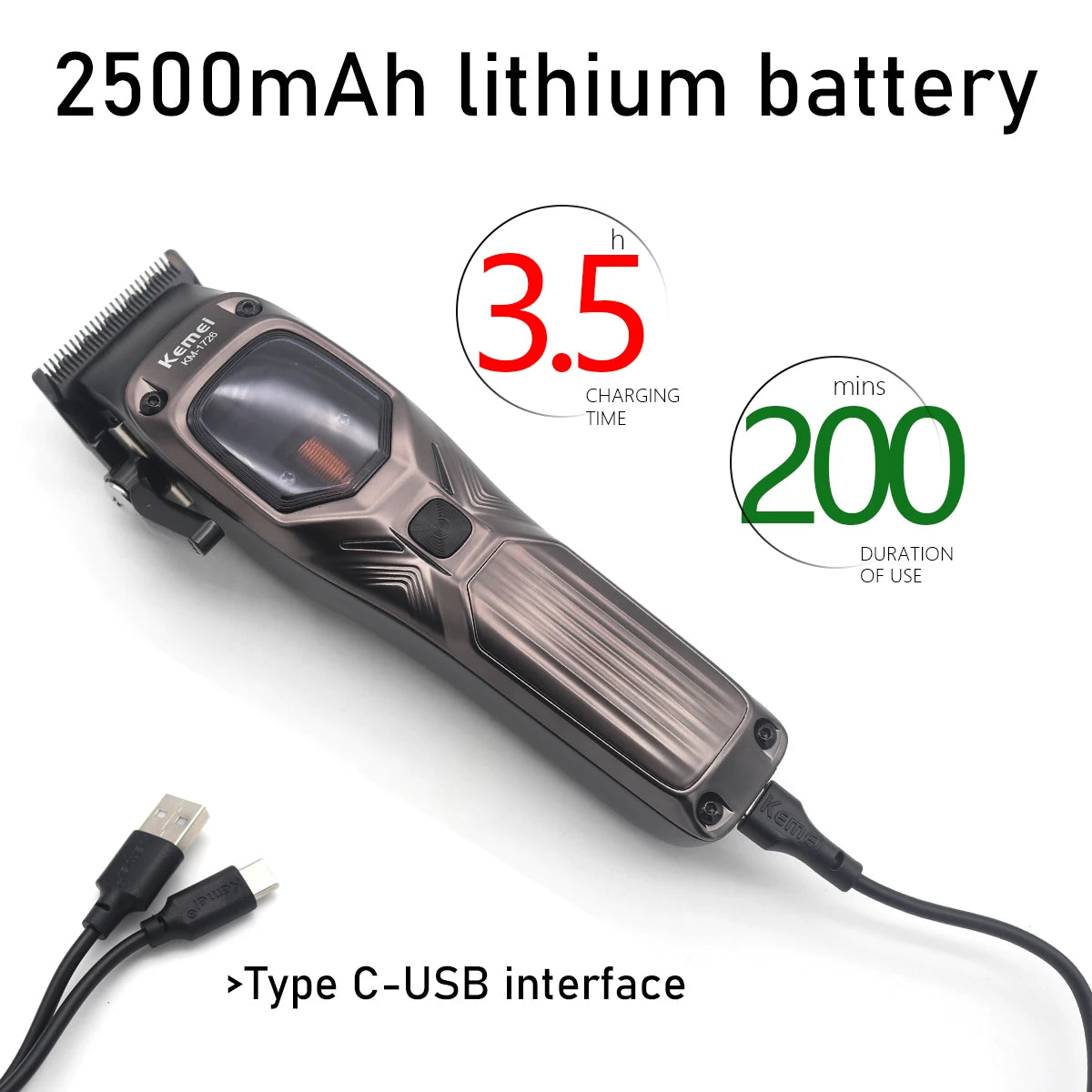 KEMEI 1726 Professional Hair Clipper with DLC Blade 12W 10000RPM Magnetic Vector Motor Hair Cutting Machine for Men Barber