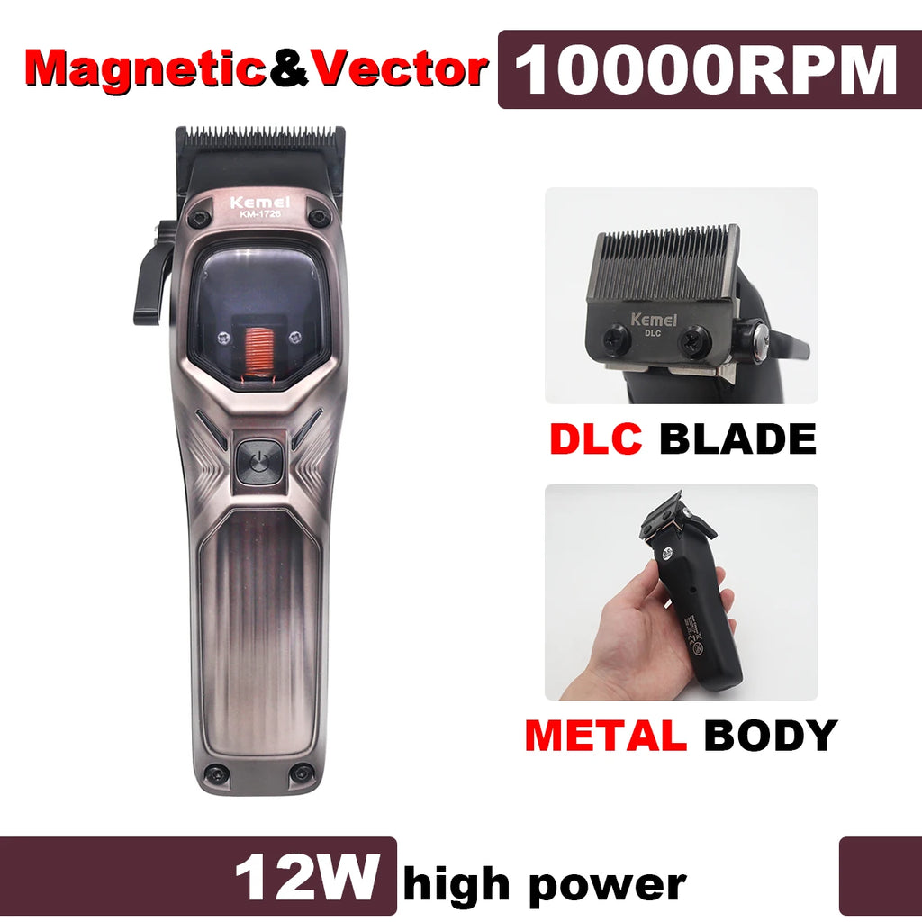 KEMEI 1726 Professional Hair Clipper with DLC Blade 12W 10000RPM Magnetic Vector Motor Hair Cutting Machine for Men Barber