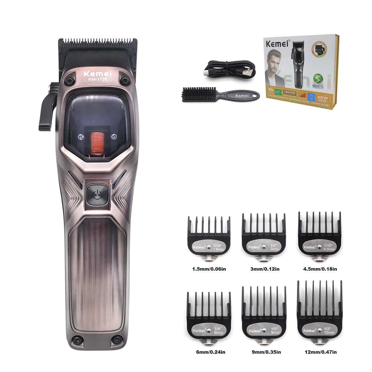 KEMEI 1726 Professional Hair Clipper with DLC Blade 12W 10000RPM Magnetic Vector Motor Hair Cutting Machine for Men Barber